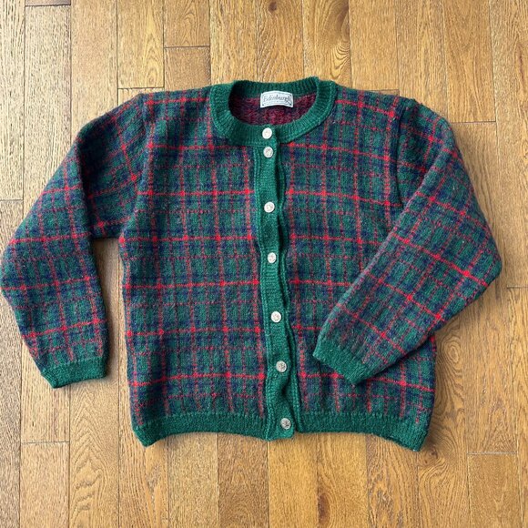 Edinburgh Sweaters - Vintage 1980s Edinburgh Tartan Mohair Blend Cardigan Green Red Plaid Made UK L